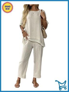 Women's 2 Piece Linen Blend Set - 3/4 Sleeve Top & Capri Pants Lounge Set